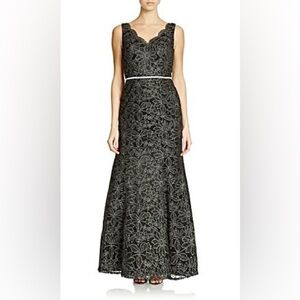 JS Collections Mermaid Black Dress, V-Neck & Shimmery Silver Florals, Large (12)